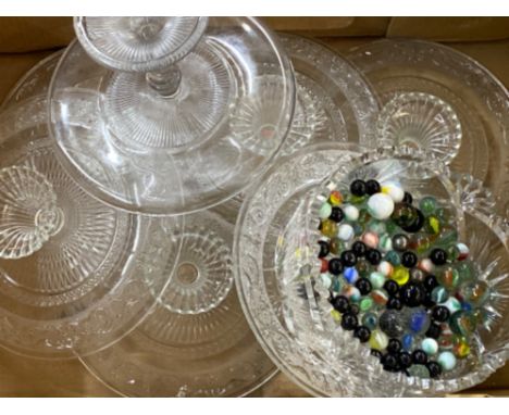 6 matching pattern glass raised cake plates plus 1 other