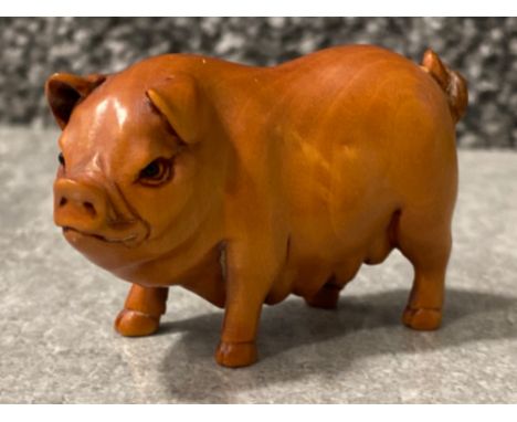 Japanese handmade wood carving Netsuke - mother pig