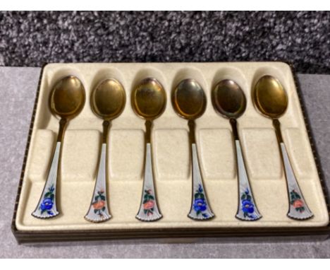 6 guilloche enamel silver gilt demitasse spoons design by Axel Holmen Sande fjord Norway