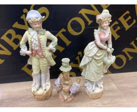 Pair a f large Bisque figured ornaments &amp; Bisque candlestick (girls on see-saw)