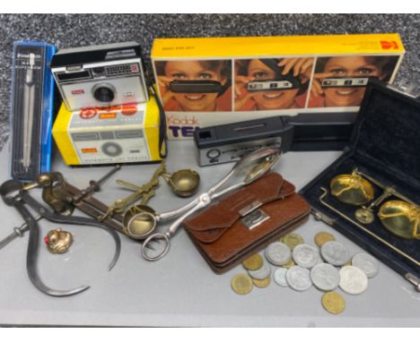 Box containing 2x vintage cameras, 2x scales &amp; leather wallet containing coins etc