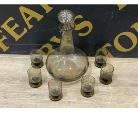 Whitefriars smoked glass decanter &amp; 6 shot glasses