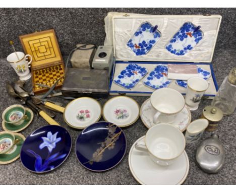 Box of miscellaneous items to include China, glass &amp; silver plated cutlery, also includes pewter flask &amp; Victorian cu