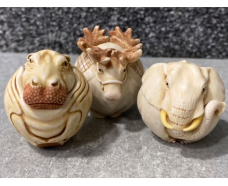 3x Harmony Kingdom crushed marble Roly Poly trinket boxes includes Louis Elephant, Rudy Reindeer &amp; Henry the Hippopotamus