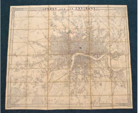 MAP OF LONDON and its Environs. James Wyld circa 1850. 1220mm by 1290mm. Dissected on linen. Scale 3.625 inches to a mile. Ma