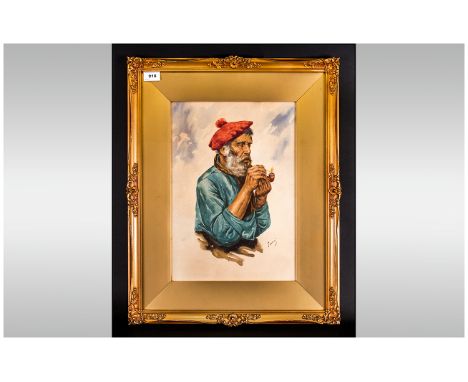 Gianni Late 19th Century Italian Artist, Subject - An Old Bearded Man Smoking a Pipe, Watercolour. Signed. 16 x 12 Inches. Mo