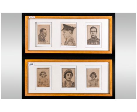 Two Framed Pencil Drawings of British Royalty, Edward VII, George V, Queen and Queen Mother (6 drawings in total). Signed CD 