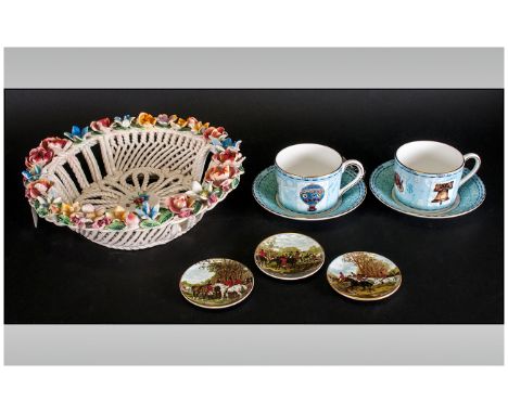 Italian Pottery Encrusted Flower Basket, three Coalport miniature hunting wall plaques and a pair of Millennium Wedgwood 1997