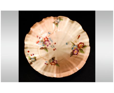 Royal Worcester Hand Painted Blush Ivory Shell Shaped Footed Dish. Date 1904. 4.75 Inches Diameter. Excellent Condition. 