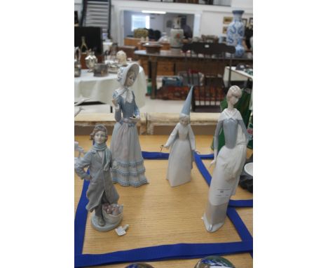 A Nao figure of a girl holding a sheaf of corn; together with a  Lladro figure of a young woman, carol singers and a mediaeva