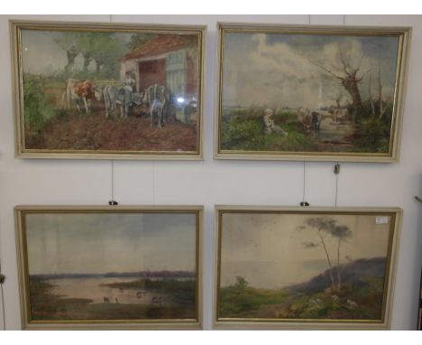 Hutton Mitchell (Scottish, 1872-1939): A set of four watercolours depicting various rural landscapes with sheep, cattle and f