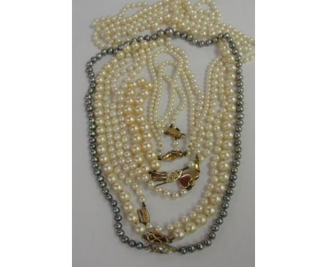 Six pearl neckalces, together with two gold clasped bracelets