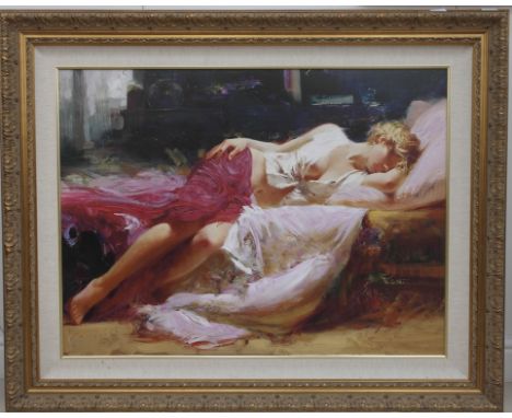 'Dreaming',a hand embellished limited edition signed Giclee print depicting a sleeping lady, H 75 x W 100 cm  