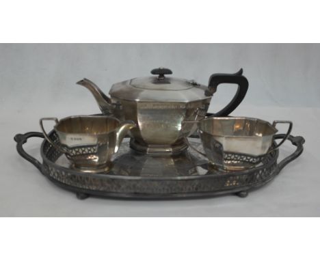 HM silver three piece tea set on EPNS tray.