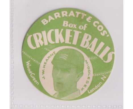 Trade card, Barratt's, Cricket Balls, type card, J.W. Hearne, Middlesex, circular paper issue (light stains to back, gd/vg) (
