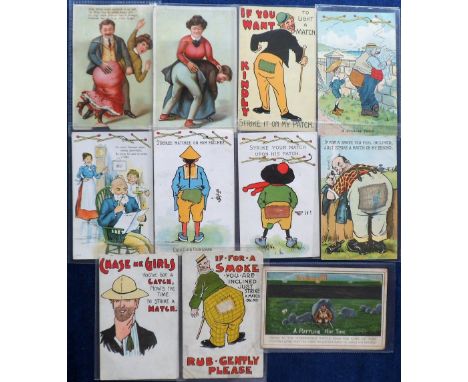 Postcards, a selection of 11 novelty cards inc. 2 Lever mechanical spanking cards (gd) and 9 match-striker cards inc. 'A ratt