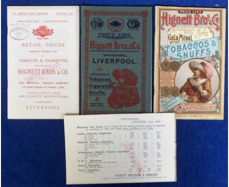 Tobacco advertising, Hignett's, 2 company price lists, one (undated) with 50 pages &amp; superb colour illustrated cover, the