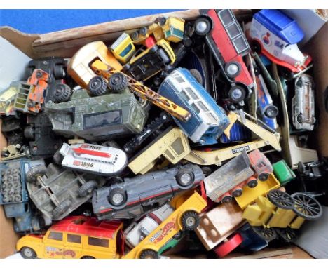 Model Vehicles, 60+ assorted die cast and plastic vehicles and attachments to include Tonka, Matchbox, Lone Star, Ertl, Kobe 