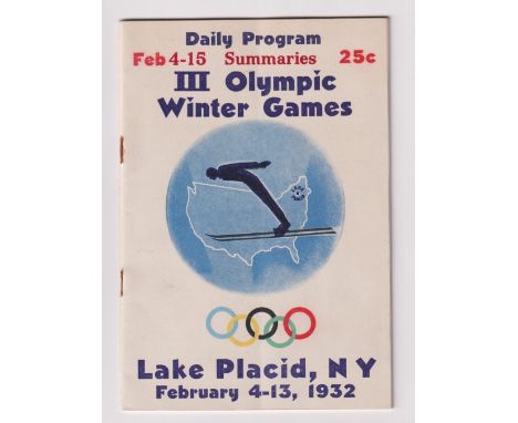 Olympics, Winter Olympics 1932, Lake Placid, daily programme covering period 4th February to 15th February, this version issu