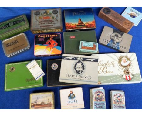 Advertising, 18 vintage cigarette and tobacco tins and packets to include Davros, Schinasi Bros., Cogetama, Mills (featuring 