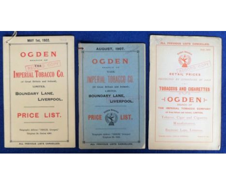 Tobacco advertising, Ogden's, 2 company price lists, one 1907 with 40 pages and separate pricing leaflet, the other 1922, 44 