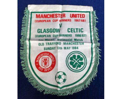 Football pennant, fringed pennant from the Manchester United v Glasgow Celtic Lou Macari testimonial match played at Old Traf