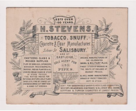 Tobacco advertising, H Stevens, large b/w advertising card for Tobacco, Snuff, Cigarettes &amp; Cigars, approx. 110mm x 90mm,