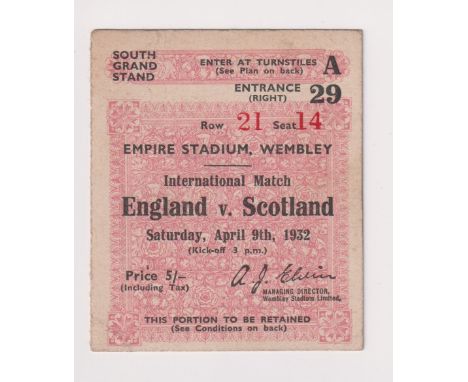 Football ticket, England v Scotland, 9 April, 1932, Wembley Stadium (slightly aged, gd) (1)