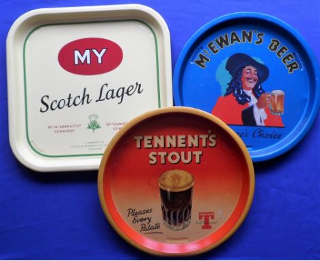 Breweriana, 3 tin pub trays, 2 circular circa 1950/60's, one McEwan's Beer 'Everyone's Choice' illustrated with Cavalier, the