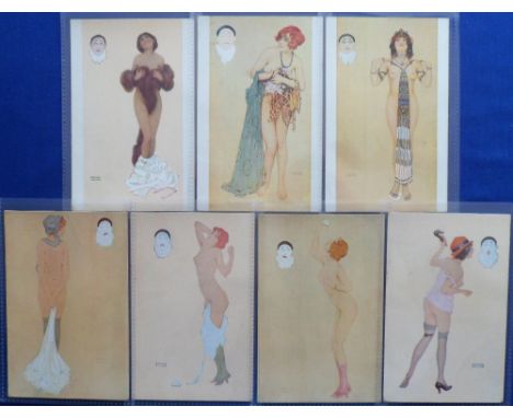 Postcards, R Kirchner, a set of 7 illustrated cards of the Art Deco Period 'Seven Deadly Sins'. Mainly nude studies or scanti