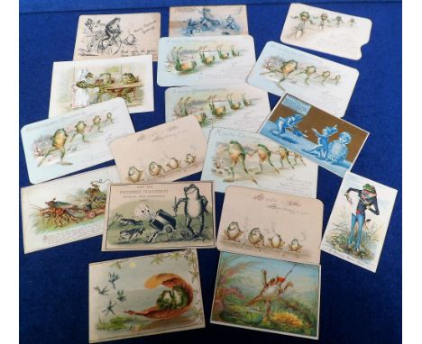 Ephemera, Tony Warr Collection, 17 Victorian greetings and trade cards all featuring frogs, many anthropomorphic, some die cu