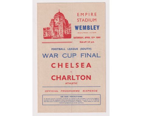 Football programme, Chelsea v Charlton, 15th April, 1944, Football League (South) Cup Final, played at Wembley, 4 pages (ligh