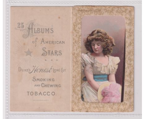 Cigarette card, USA,  Duke's, fold over advert card for 'Albums of American Stars' illustrated with beauty with leopard print