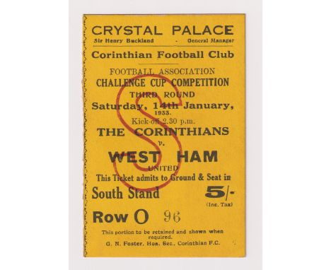 Football ticket, The Corinthians v West Ham, FA Cup, 14 January, 1933, played at Crystal Palace, superb, South Stand 5 shilli