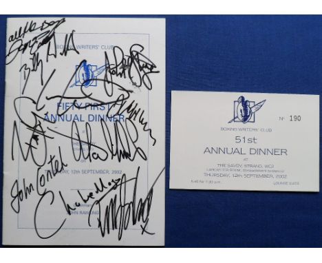 Boxing autographs, programme from the Boxing Writer's Fifty-First Annual Dinner, held at the Savoy, 12 September 2002, signed