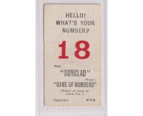 Cigarette card, South Wales Tobacco Co Ltd, The Sunclad Game of Numbers, type card, no 18 (light crease, gd) (1)