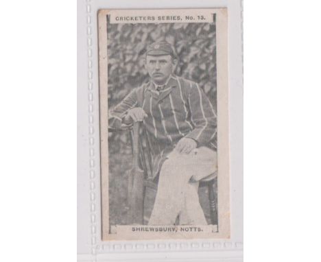 Cigarette card, A. Baker, Cricketers Series, type card, no 13 Shrewsbury, Notts (possible slight trim to bottom edge, light c