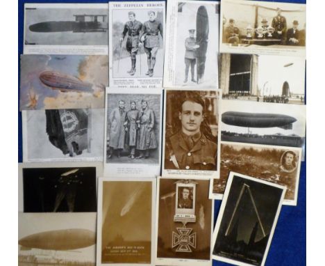 Postcards, Aviation, a zeppelin and airship collection of 16 cards inc. RP's of Zeppelin Wreckage Cuffley 3.9.1916, portrait 