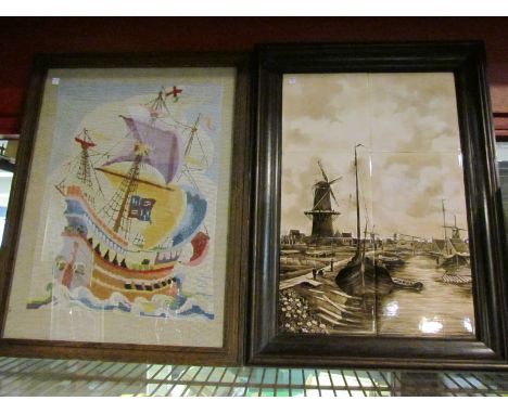 A framed picture formed on 6 tiles depicting a Dutch quayside scene with windmills, inscription lower right. Hollandse Flout-