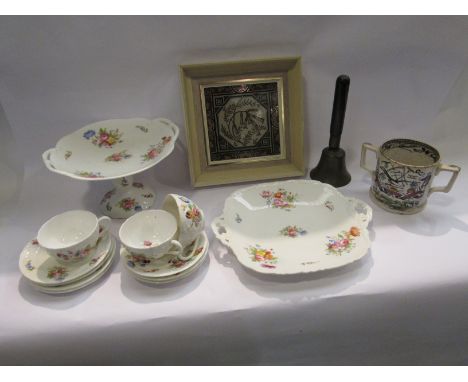 A late Staffordshire "Speed the Plough" loving cup, a framed Victorian transfer printed tile, a Coalport china part tea servi