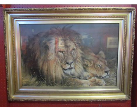 After Landseer: Lion and Lioness colour print, framed and glazed, 46cm x 70cm