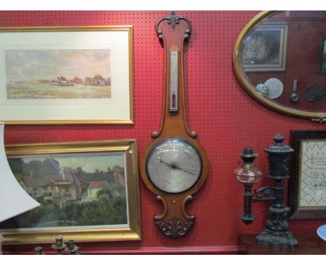 A late 19th Century banjo barometer by H Slape, 61 High St, Camden Town. 104cm length. Thermometer top surround missing