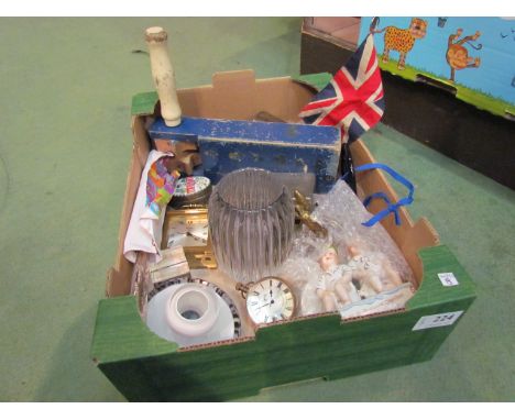 A mixed lot including a vintage football rattle, a butcher's meat flag, a swiza brass carriage clock, a Harrods Ltd. sandwich