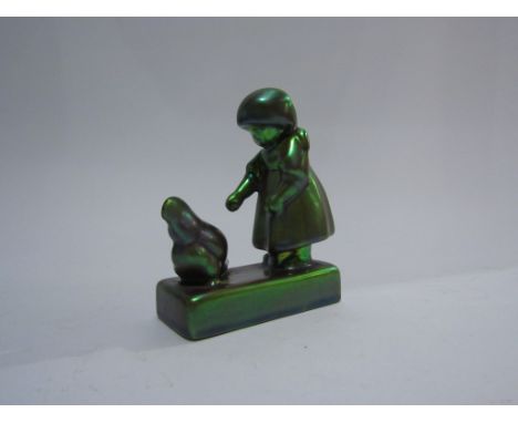 Zsolnay Hungarian ceramic figure of young girl with bird, iridescent green lustre glaze, mark to base, 12cm tall