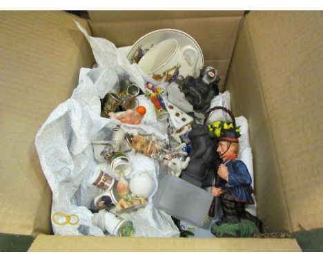 A box containing miscellaneous ceramics including Royal Crown Derby trinket pot, decorative figures, thimbles, miniature anim
