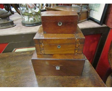 A rosewood and Mother-of-pearl inlaid sewing box a tea caddy and a parquetry inlaid box (3)
