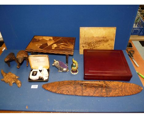A quantity of miscellaneous including a marquetry book slide, four pieces of aboriginal carved items, enamel trinket pot, unf
