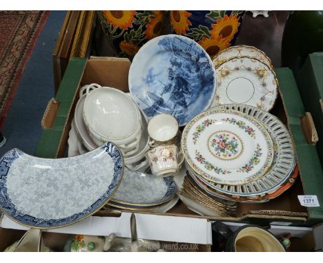 A quantity of china to include; Royal Worcester crescent shaped plates, Spode blue &amp; white plates, Sevres cups &amp; sauc
