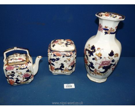 A Mason's Mandalay pattern vase, teapot and tea caddy.