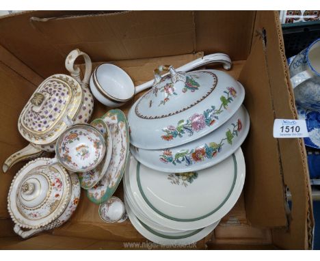 A quantity of china including two vegetable tureen lids, Minton china soup ladle, gilded teapot, small sauce tureen, six Roya